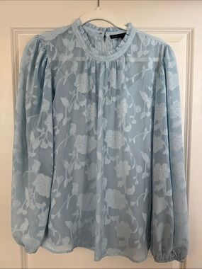 WHBM Light Blue Floral Sheer Long-Sleeve Blouse with Built-In Camisole